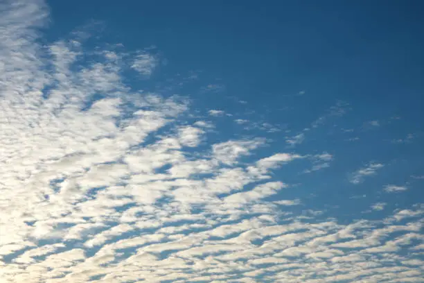 Photo of Cumulus cirrus clouds against a blue sky. Design element. Selective focus, copy space