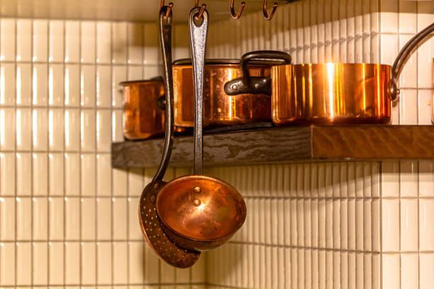 istock Copper ladle for soup on the stone background. Close up 1398182415