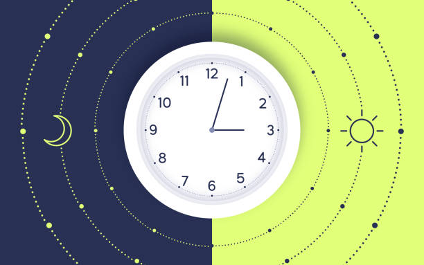 낮과 밤 시계 시간 개념 - 시계 숫자판 stock illustrations