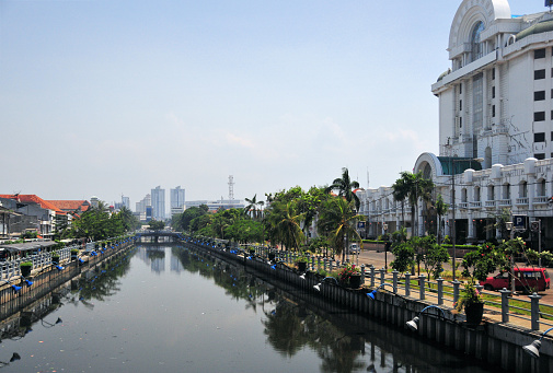 Jakarta, Java, Indonesia: Batavia Hotel, looking south along the Kali Besar canal, Kota Tua.