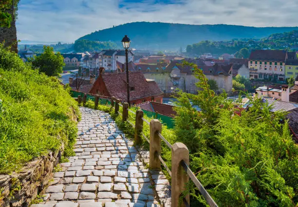Photo of Stone paved alley on hillside of medieval fortified city of Sighisoara, Transylvania region, Romania
