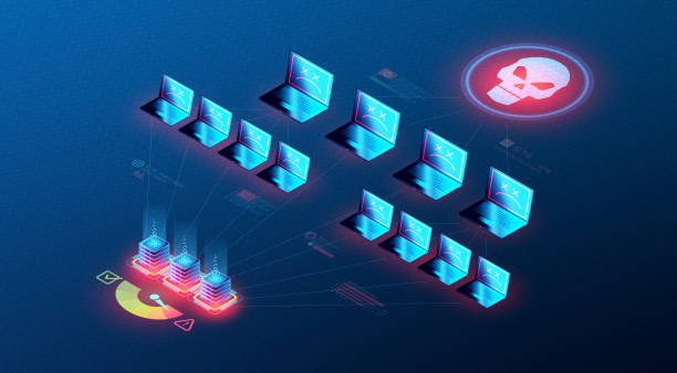 Distributed Denial-of-Service - DDoS Attack Concept - 3D Illustration Distributed Denial-of-Service - DDoS Attack Concept - An Attacker Disrupting the Traffic of a Targeted Server or Network Using a Botnet - 3D Illustration distributed denial of stock illustrations