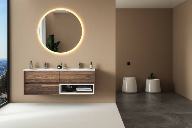 istock Modern minimalist bathroom interior, modern bathroom cabinet, 1398191086