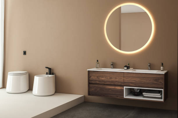 istock Modern minimalist bathroom interior, modern bathroom cabinet, 1398191201