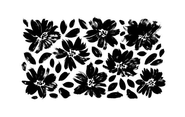 czarne sylwetki kwiatowe pędzla. - flower backgrounds floral pattern dirty stock illustrations