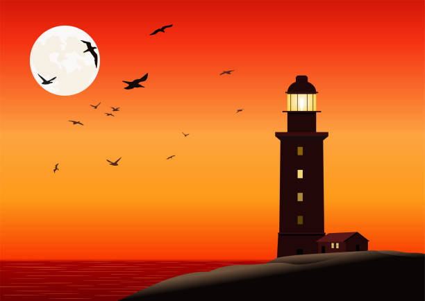 Majestic Lighthouse on the Coast at Night Majestic Lighthouse on the Coast at Night fantasy moonlight beach stock illustrations