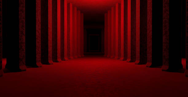 istock Modern Digital Simulation Garage Tunnel Underground With Cement Concrete Floor Red Background SciFi Concept For Showroom Studio Montage 3D Illustration 1398198394