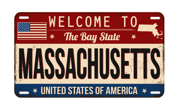 illustrazioni stock, clip art, cartoni animati e icone di tendenza di benvenuti nella targa arrugginita vintage del massachusetts - license plate metal rusty old