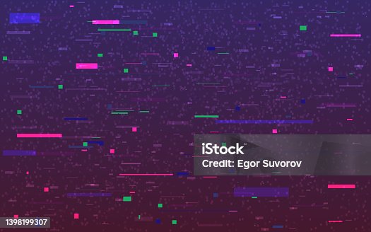 istock Glitch color pixels. Cyberpunk digital texture. Disintegration video effect. Abstract color distortions and shapes. Static broken signal. Vector illustration 1398199307