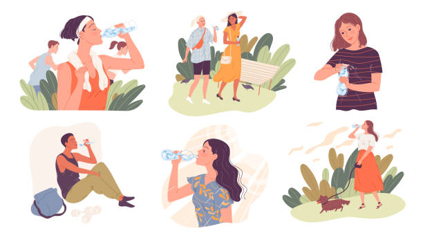 여름 더위에 물을 마시는 사람들의 집합 - quench thirst stock illustrations