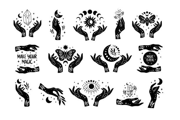 ilustrações de stock, clip art, desenhos animados e ícones de mystical witchy woman hands vector iilustration. - voodoo