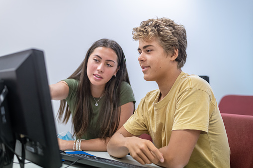 A Eurasian teenage girl and a male classmate sit next to each other while working on an assignment together in a computer lab at school.