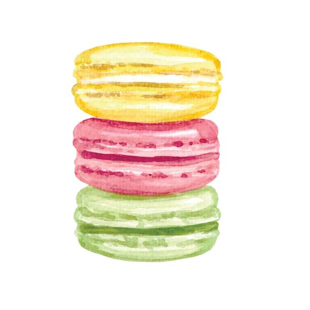 illustrations, cliparts, dessins animés et icônes de ensemble de macarons à l’aquarelle. image colorée - macaroon