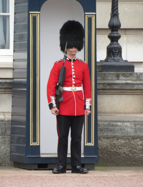 London, UK - July 4, 2012: Officer leads soldiers under his command towards Buckingham Palace during Changing of the Guard ceremony