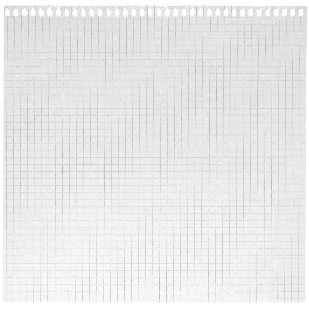 Checked spiral notebook page paper background, old aged white chequered ring binder sheet flat lay A4 copy space, isolated horizontal grey squared pattern maths notepad, torn out stapled blank empty blocknote notepaper closeup, school concept metaphor, la stock photo