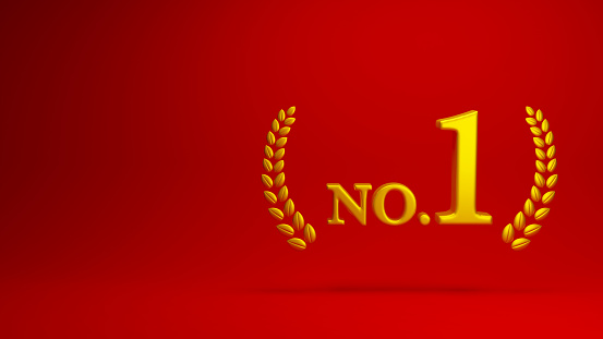 Golden NO.1 letters and laurels on a red background.3D Rendering.