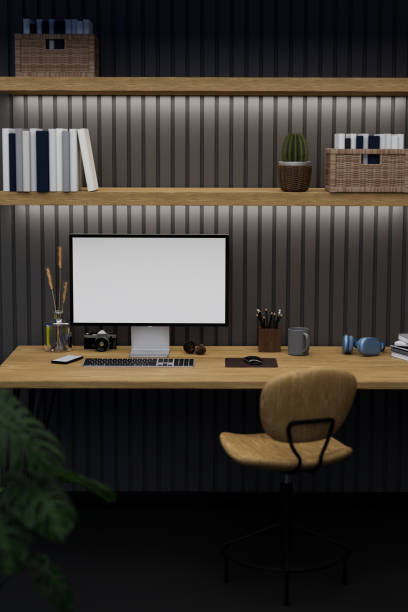 istock Modern stylish black office studio interior design with computer on wood table 1398221270