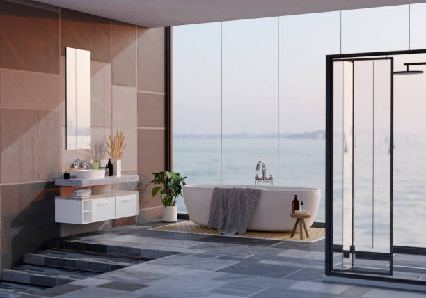 istock Luxury bathroom interior design with modern basin, rain shower and luxury bathtub 1398221273