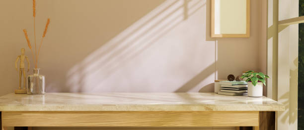 istock Minimal workspace with copy space on white marble tabletop. close-up. 1398221278