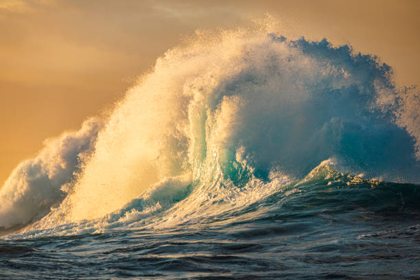 istock Explosion of water from waves colliding in the open ocean with dramatic golden morning light 1398224896