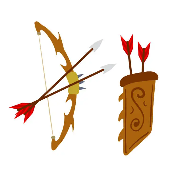 Vector illustration of Bow and arrow. Taut bowstring. Fantastic weapons. Set of objects. Flat cartoon illustration. Shooting and hunting element