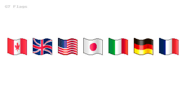 illustrazioni stock, clip art, cartoni animati e icone di tendenza di semplice vettoriale piatto pixel art set di bandiere fluenti di grandi sette paesi g7 - travel simplicity multi colored japanese culture