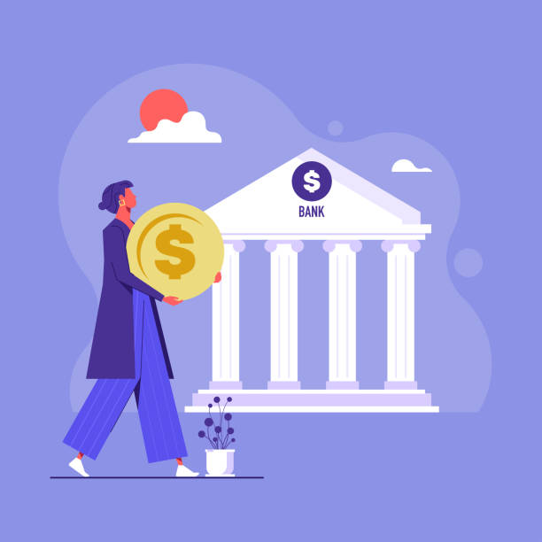 Bank and financing vector concept Bank concept, idea of finance, money investment. Building with column. woman carrying currency, bank financing, money exchange, saving or accumulating money facade stock illustrations