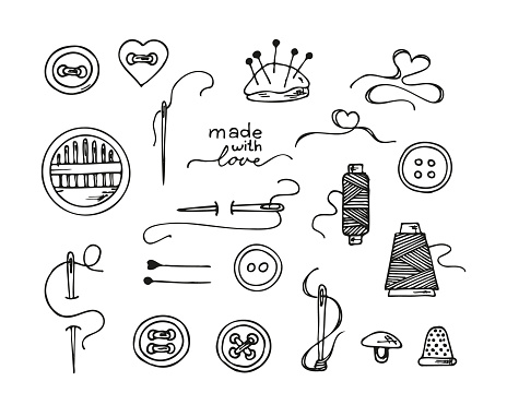 Knitting and crochet, a set of contour drawings, hand-drawn design elements. Vector sketch icon illustration
