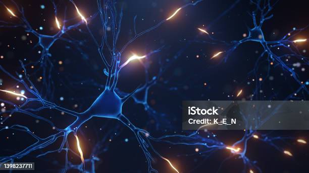 3d Rendering Of Neuron Cells With Light Pulses On A Dark Background Stock Photo - Download Image Now