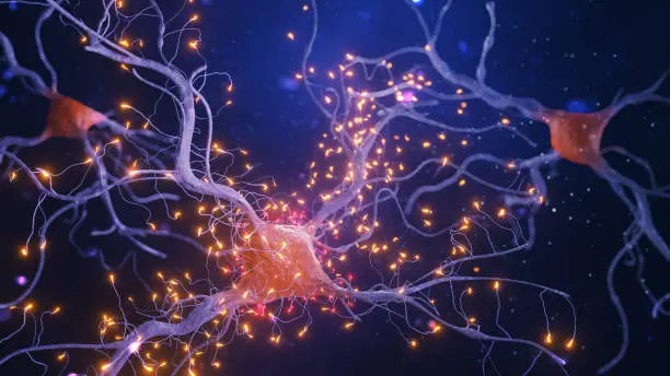 Photo of 3d rendering of neuron cells with light pulses on a dark background.