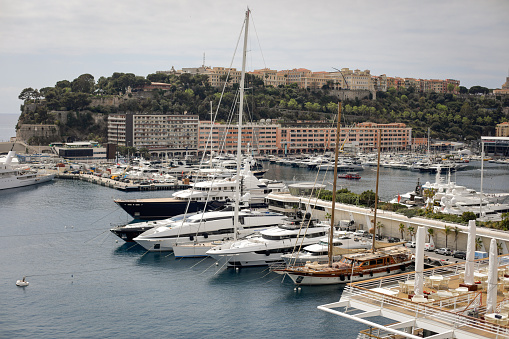 Monaco panorama at the racing weekend and the French Riviera in the background