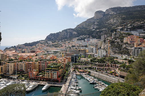 Monaco - April 19, 2022: Overview with the Monaco city and port during a spring sunny day.