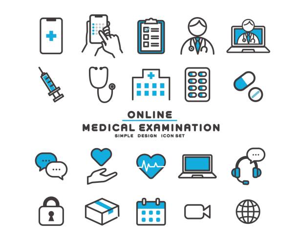 ilustraciones, imágenes clip art, dibujos animados e iconos de stock de examen médico en línea simple y fácil de usar, ilustración vectorial de iconos de diagnóstico material / médico / farmacéutico - medicina de emergencia