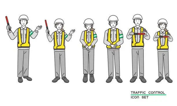 Vector illustration of Vector illustrations of male and female workers guiding traffic / car / construction / security