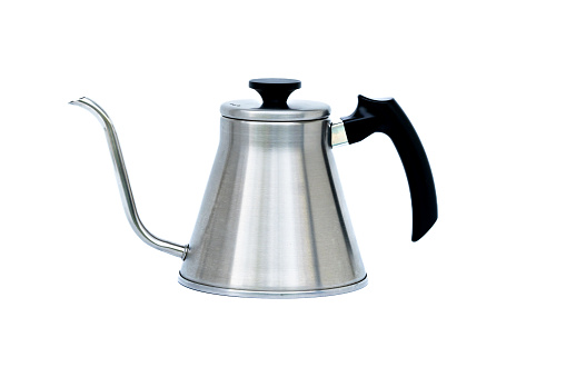 Coffee dripper, aluminum kettle, stainless steel for drip coffee, silver color, long pointed tip, black handle.