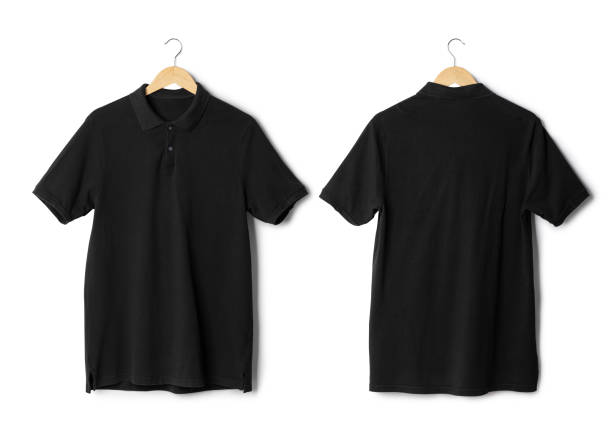 istock Realistic Black polo shirt mockup hanging front and back view isolated on white background with clipping path 1398240951
