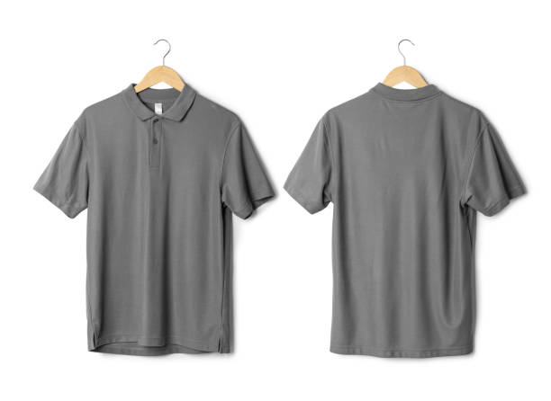 istock Realistic Grey polo shirt mockup hanging front and back view isolated on white background with clipping path 1398241513