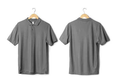 Realistic Grey Polo Shirt Mockup Hanging Front And Back View Isolated ...
