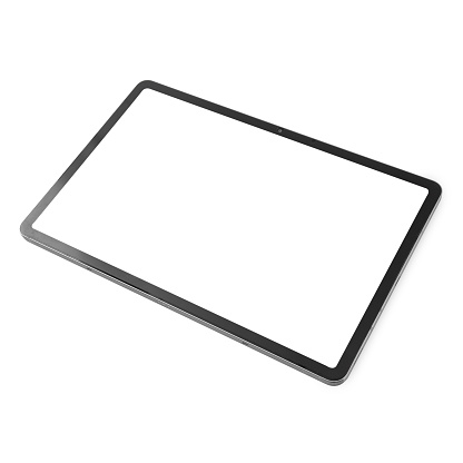 Tablet PC front view copy space on wooden table desk with blank gray copy space