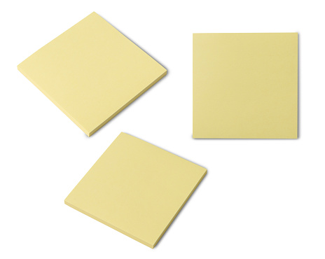 Blank yellow stick note isolated on white background. Removable self-stick notes.