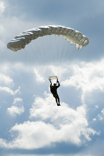 Saint Petersburg-Russia - 09.09.2021: International Military-Technical Forum Army-2016. Demonstration of a skydiver's jump.