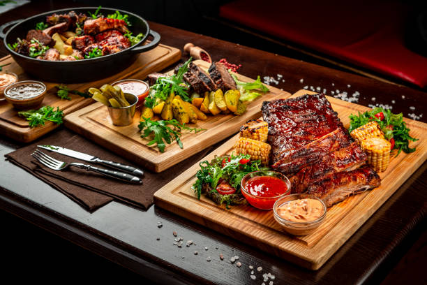 Different types of meat, chicken, veal, pork grilled. Serve in a skillet with potatoes. BBQ meat