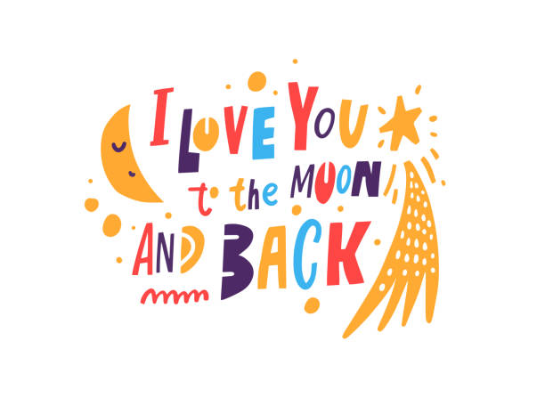 I love you to the moon and back. Hand drawn colorful cartoon kids lettering phrase. I love you to the moon and back. Hand drawn colorful cartoon kids lettering phrase. Modern typography. i love you stock illustrations