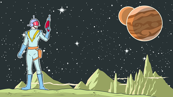 Vector Retro Pop Art Space Ranger on a Planet Stock illustration