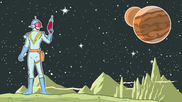 Vector illustration of Vector Retro Pop Art Space Ranger on a Planet Stock illustration