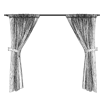 Wireframe of curtains hanging on a curtain made of black lines isolated on a white background. Front view. Vector illustration.