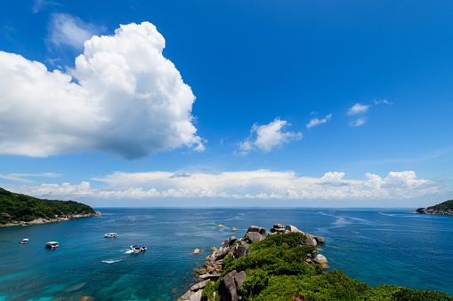 Panoramic view of Koh.8 Similan Island with white cloud and blue sky, The most famous snorkeling site in Thailand. travel on summer concept