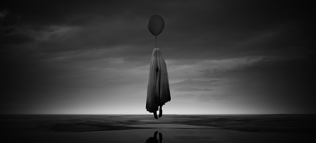 Creepy Ghost Child Floating with a Balloon Wet Beach Body Snatcher Dusk Paranormal Black and White 3d illustration render