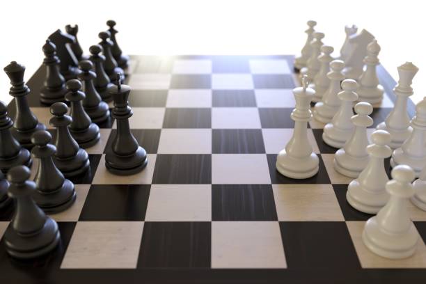 競争の成功プレイでチェス戦争の数字。戦略、管理またはリーダーシップの概念。  3dレンダリング。選択的な焦点。 - risk board game board game victory war ストックフォトと画像