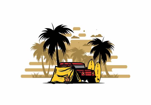 camping am strand mit offroad-auto - 4x4 outback australia kimberley stock-grafiken, -clipart, -cartoons und -symbole